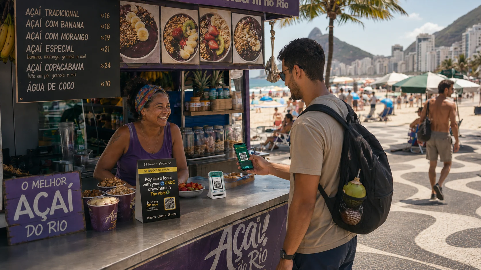 A traveler paying at an açaí stand in Brazil