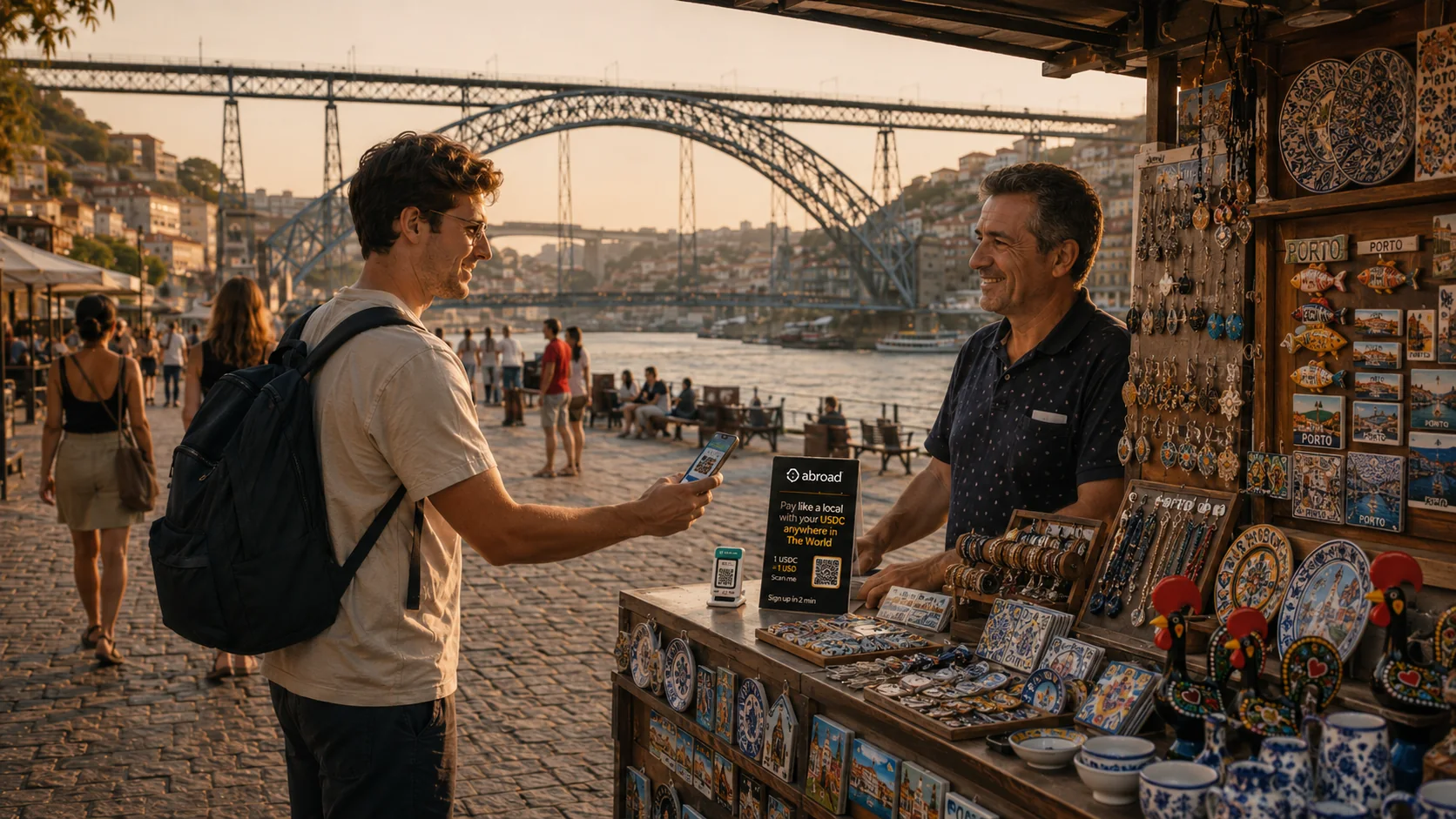 A traveler paying a souvenir vendor in Porto, Portugal